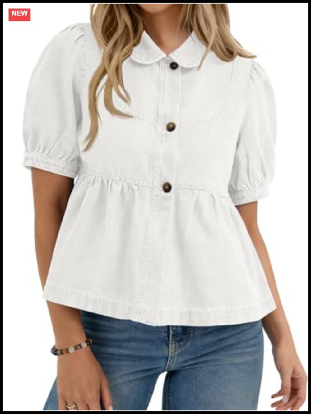 Women's Denim Button Down Shirt with Puff Sleeves, Babydoll Peplum Top, Casual